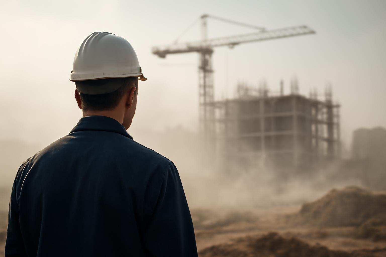 Crea un immagine di un lavoratore di spalle, scena cinematografica, che osserva un cantiere con volumi di polvere